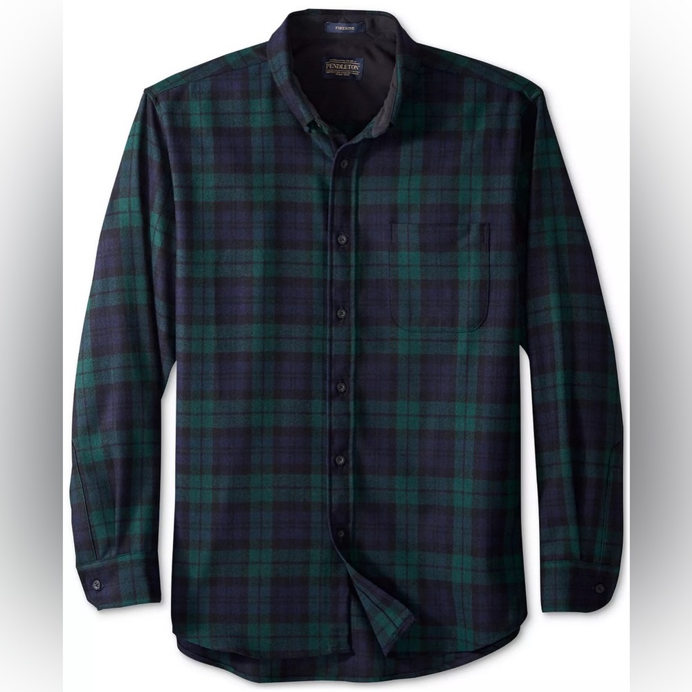 Pendleton Cozy Pine Plaid Virgin Wool Button Shirt Vintage Fireside Black Tartan